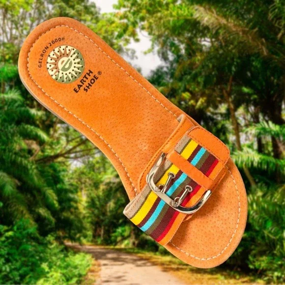 Earth Shoe BIRCH Slides Gelron 2000 ORANGE Leather MULTI Stripe Strap Size 6 EUC - Picture 3 of 6